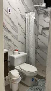 曼塔Flavio Reyes的白色的浴室设有卫生间和淋浴。
