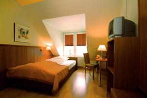 吕贝克旅行者酒店的一间卧室配有一张床、一台电视和一张书桌