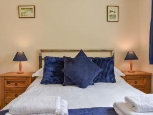 CoundonHaweswater Cottage的一间卧室配有一张带蓝色枕头的床和两盏灯。