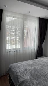切佩拉雷ORION APARTMENTS的一间卧室配有床和带窗帘的窗户