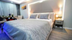 伊斯坦布尔AURA MARINA HOTEL的一间带大床的卧室和一间客厅