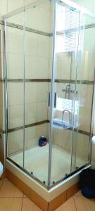 巴蒂DBS Hotel的一个带水槽的玻璃淋浴间
