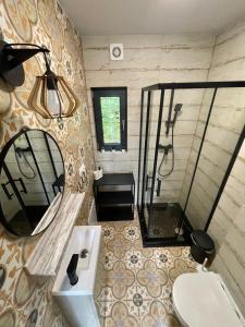 BodzentynWzgórza Kunowskie - domy na wynajem z basenem, baliami i saunami的带淋浴、盥洗盆和镜子的浴室