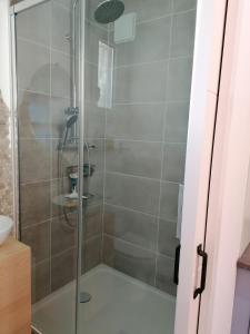 布齐盖Escale à Bouzigues的浴室里设有玻璃门淋浴
