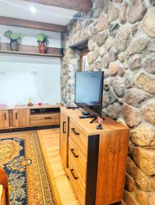 蒂科钦Prywatny domek koło Tykocina的客厅设有石墙和电视。