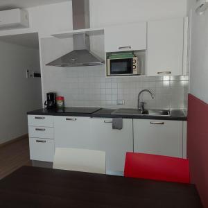 马尔切西内Villa Treccani Apartments的白色的厨房配有水槽和微波炉