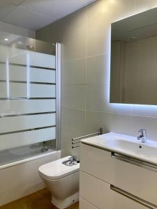 萨拉戈萨Apartamento centro con parking privado的一间带水槽、卫生间和镜子的浴室