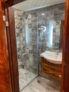尚勒乌尔法Muzepotamia Butik Otel的带淋浴和盥洗盆的浴室