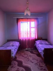 GarniRural Treasure的一间卧室设有两张床,窗户配有粉红色的窗帘