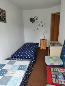 HagenStubnitz的一间卧室配有两张单人床和一张书桌