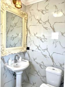 内坦亚Shantell Luxury Apartment的一间带水槽、镜子和卫生间的浴室