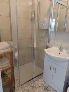 Murlas BridgeKate's Place bedroom ensuite close to Donegal town的带淋浴和盥洗盆的浴室