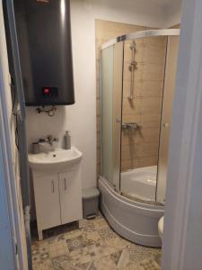 库尔迪加Pigeon apartment的带淋浴、盥洗盆和卫生间的浴室
