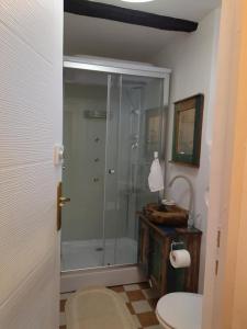 瑙吉伯尔热尼Keltike apartman的带淋浴、卫生间和盥洗盆的浴室