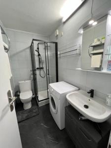 斯图加特Ruhiges und klimatisiertes Apartment的带淋浴、卫生间和盥洗盆的浴室