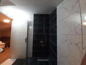伊斯坦布尔216 Turkuaz Suit的浴室铺有黑白瓷砖,设有淋浴。