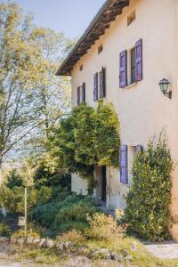 Monte San Pietro伊索拉尼蒙特维池农家乐的一座带蓝色窗户和树木的老房子