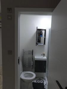 伦敦Cozzy的浴室配有白色卫生间和盥洗盆。