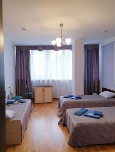 基辅Hotel Obolon-Arena的酒店客房设有三张床和窗户。
