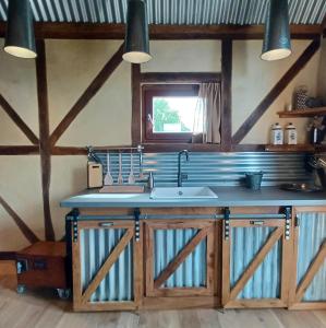 维塞La Cabane du Coing的一个带水槽和木橱柜的厨房