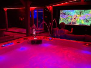 斯凯格内斯Hot tub, 110Inch Outdoor Cinema, Fire Pit, 4 Acre garden, Luxury 5 Star Woodland Lodge的带电视的客房内的热水浴池