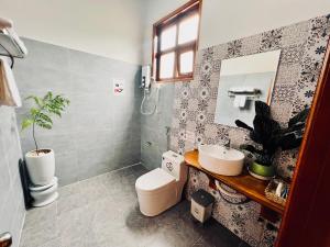 波来古市BAZAN HOME - Hotel & Bungalow的一间带卫生间、水槽和镜子的浴室