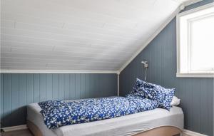 TonstadStunning Home In Tonstad With Kitchen的蓝色墙壁和窗户的客房内的一张床位
