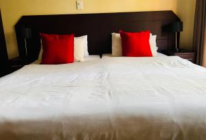 圣卢西亚23 St Lucia Sands的一张带红色和白色枕头的床