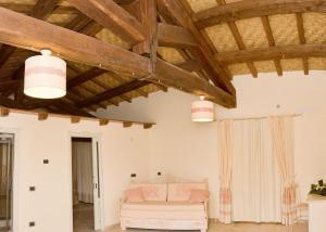 阿尔布斯Hotel Soffio di Vento的带沙发和木制天花板的客厅
