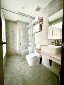 海防Minh Anh Hotel & Apartment的一间带水槽、卫生间和淋浴的浴室