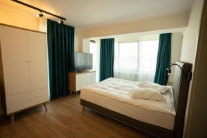 雅西Oliv Residence的一间卧室配有一张带绿色窗帘的床和电视。