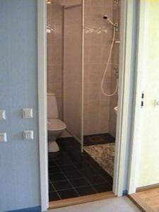 库雷萨雷Kuressaare Airport Guest House的一间带卫生间和玻璃淋浴间的浴室