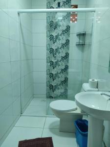 弗朗西斯科贝尔特朗Hotel & Restaurante Frezza的浴室配有卫生间、盥洗盆和淋浴。