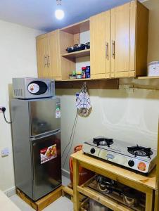 MeruStylish centrally located apt: secure,WiFi&parking的厨房配有炉灶和冰箱。
