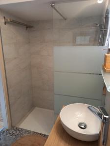 BidognoCasa di vacanza in Capriasca ( Lugano )的带淋浴和白色盥洗盆的浴室