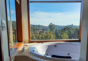 蒙特韦尔迪Chalés Mirante Monte Verde的带浴缸的浴室和大窗户