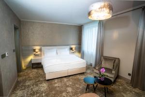 科马尔诺HOTEL EUROPA的配有一张床和一把椅子的酒店客房