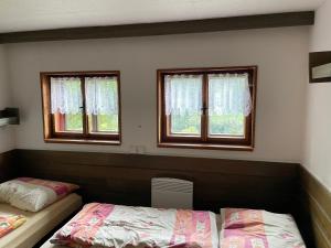 斯特拉兹内Chata Botas的一间卧室设有两张床和两个窗户。