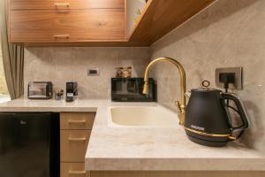 海法kadarim Boutique Suites-beachfront Zimmer的厨房配有水槽和台面上的茶壶