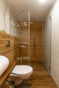 海法kadarim Boutique Suites-beachfront Zimmer的一间带卫生间和玻璃淋浴间的浴室