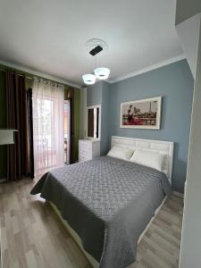 地拉那Downtown Grand Comfort的一间卧室设有一张床和蓝色的墙壁