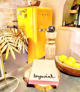 沃韦尔La Maison du Trident en Camargue Piscine et Jacuzzi的厨房柜台配有黄色冰箱和标志