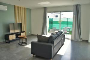 朗维克Le GREEN'SPA - DIJON - SPA-jardin-parking privé的带沙发和电视的客厅