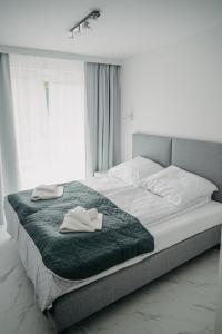 米兹多洛杰Norwida 17的一间卧室配有一张大床和两条毛巾