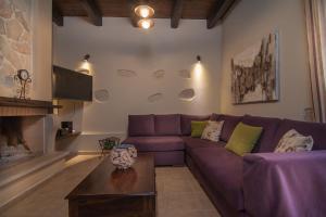 Elefterna泽菲别墅的客厅配有紫色沙发和壁炉