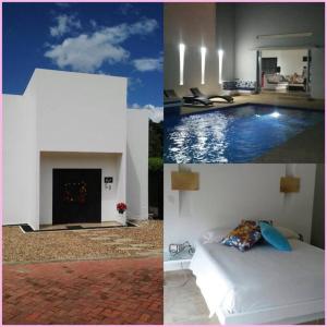 吉拉尔多特Girardot Casa estilo mediterraneo con piscina privada的一张带游泳池的房子的照片拼贴