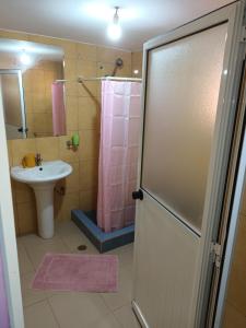 比绍HOTEL BADINCA Alojamento Low Cost in Bissau avenida FRANCISCO MENDES的浴室配有水槽和带浴帘的淋浴