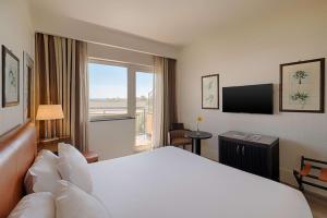 卡塔尼亚NH卡塔尼亚阿拉贡公园酒店的一间酒店客房,设有一张大床和一个大窗户