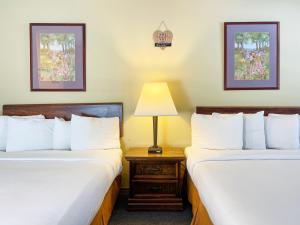 尤里卡斯普林斯Traveler's Inn的酒店客房设有两张床和一张带台灯的桌子。
