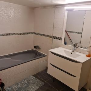 圣但尼SAINT DENIS PARIS STADE de FRANCE DISNEY的浴室配有盥洗盆和浴缸。